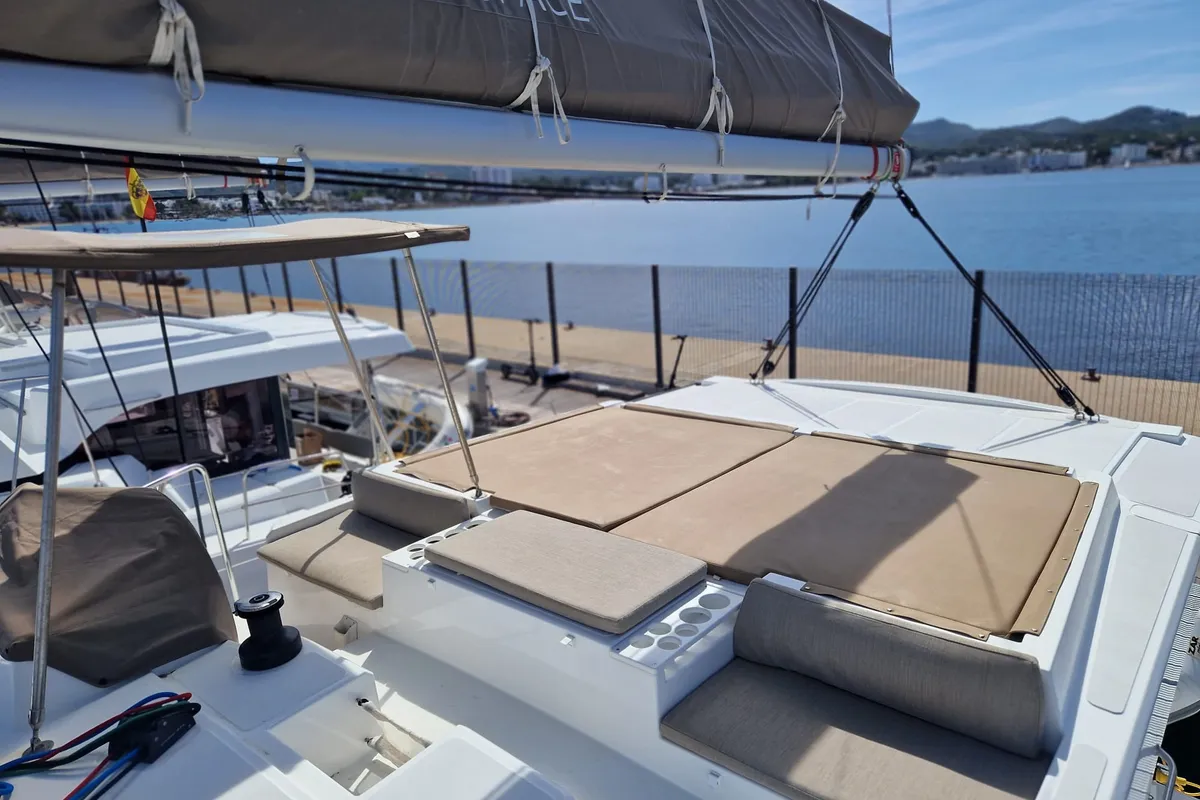 Deck of La Boheme, a Bali Catspace catamaran at Sant Antoni de Portmany, Spain