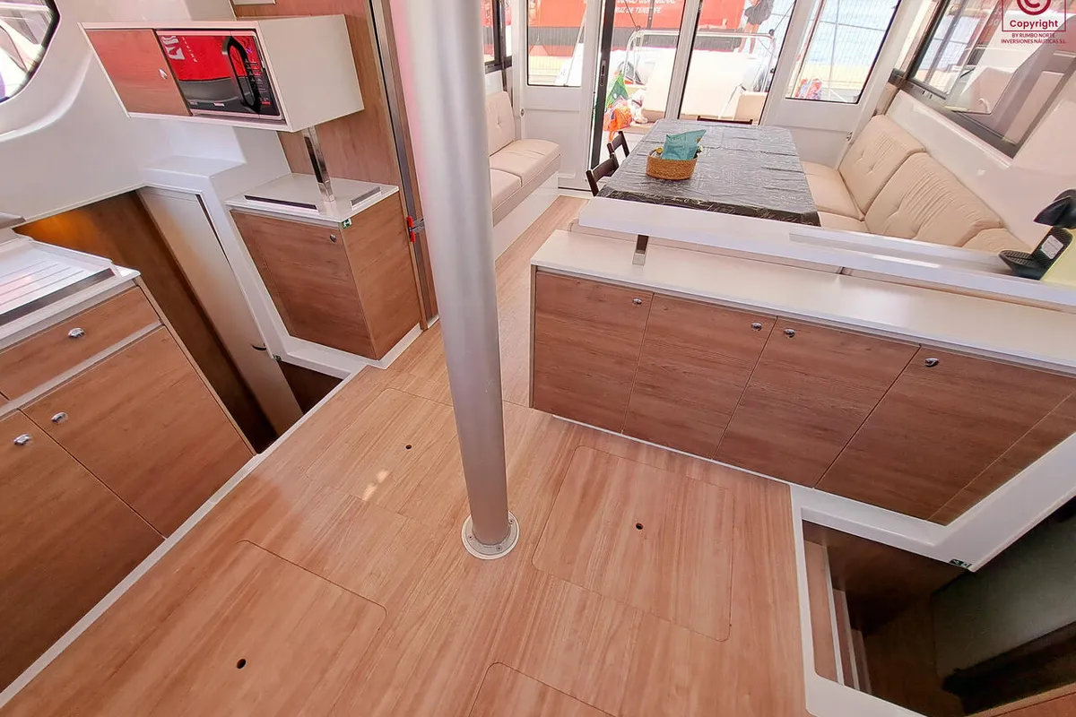 Salon of La Boheme, a Bali Catspace catamaran at Sant Antoni de Portmany, Spain
