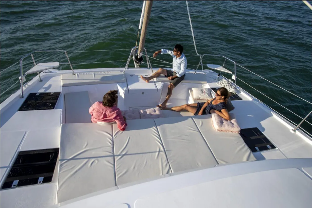 Deck of La Boheme, a Bali Catspace catamaran at Sant Antoni de Portmany, Spain