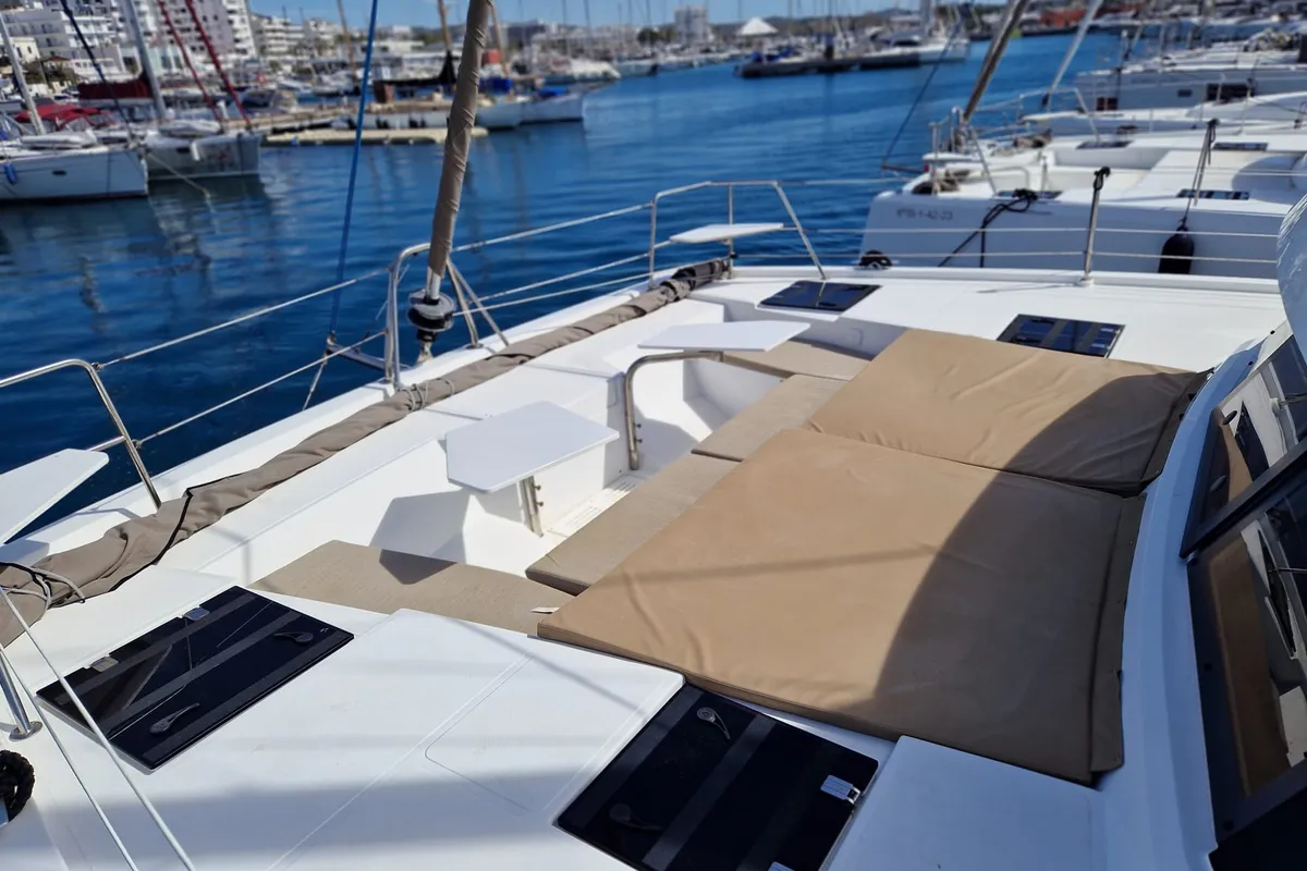 Deck of La Boheme, a Bali Catspace catamaran at Sant Antoni de Portmany, Spain