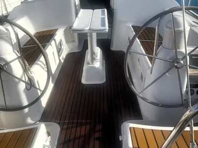 Cockpit of Evina, a Jeanneau Sun Odyssey 40.3 sailboat at Lefkada, Greece