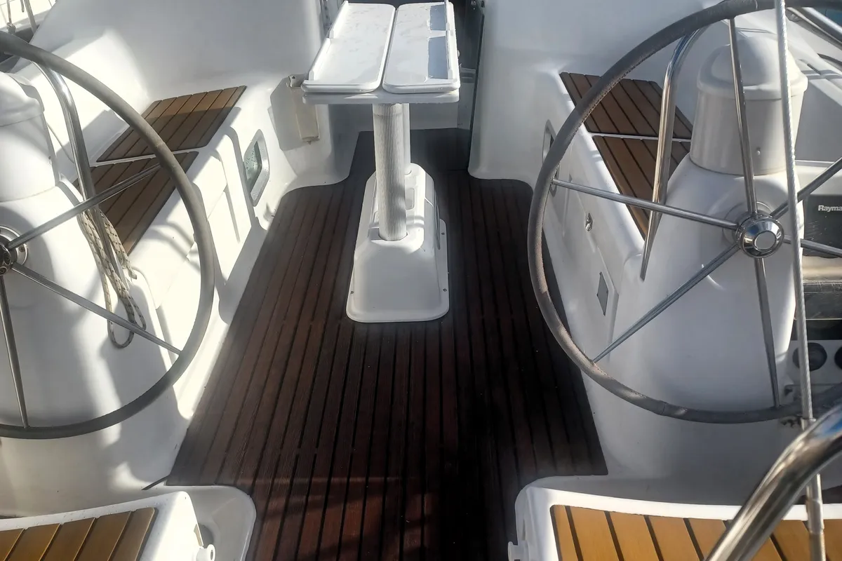 Cockpit of Evina, a Jeanneau Sun Odyssey 40.3 sailboat at Lefkada, Greece