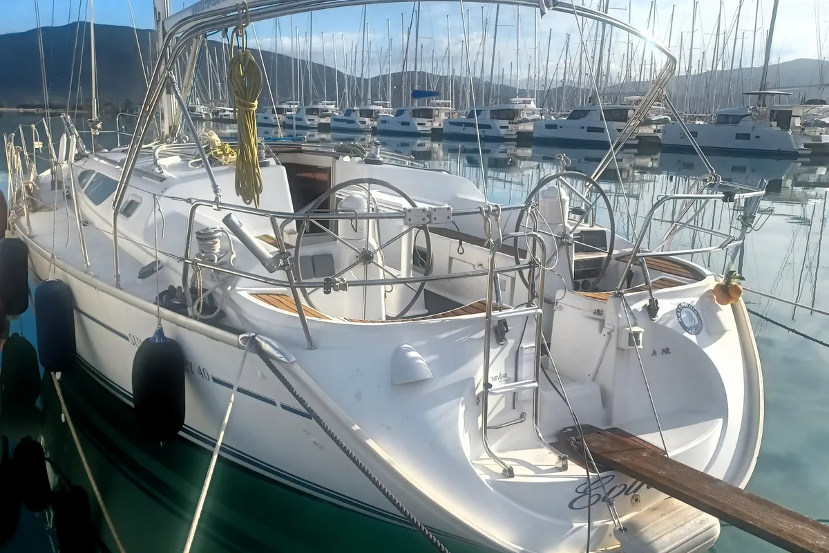 Exterior view of Evina, a Jeanneau Sun Odyssey 40.3 sailboat at Lefkada, Greece