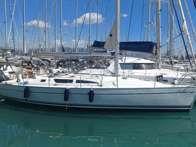 Exterior view of Evina, a Jeanneau Sun Odyssey 40.3 sailboat at Lefkada, Greece