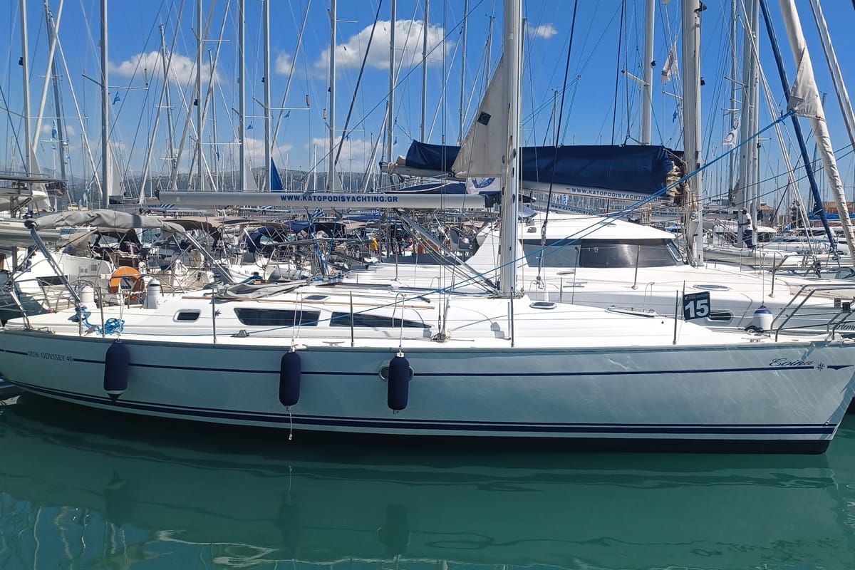 Exterior view of Evina, a Jeanneau Sun Odyssey 40.3 sailboat at Lefkada, Greece