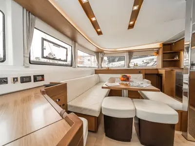 Salon of Pegasus, a Lagoon 46 catamaran at Kos, Greece