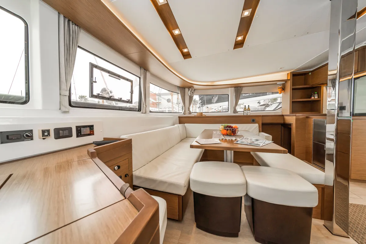 Salon of Pegasus, a Lagoon 46 catamaran at Kos, Greece