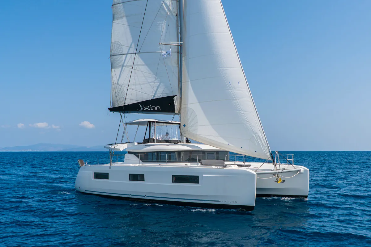 Exterior view of Pegasus, a Lagoon 46 catamaran at Kos, Greece