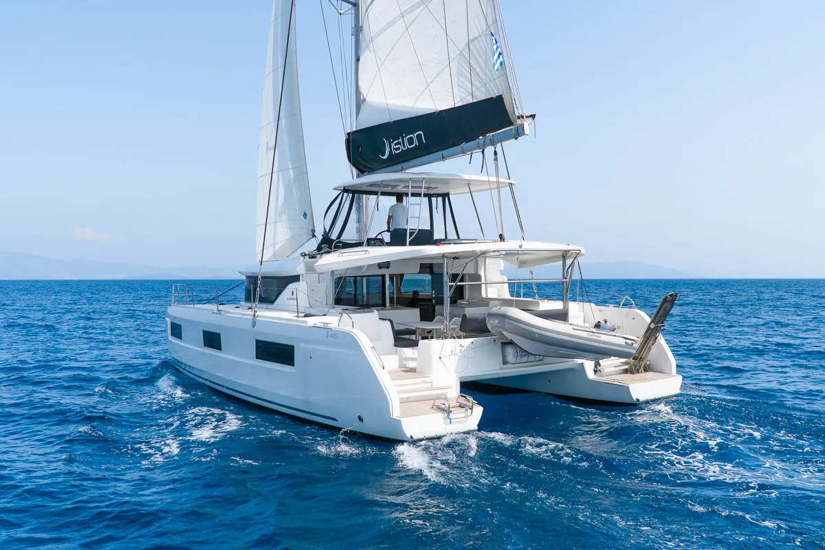 Exterior view of Pegasus, a Lagoon 46 catamaran at Kos, Greece