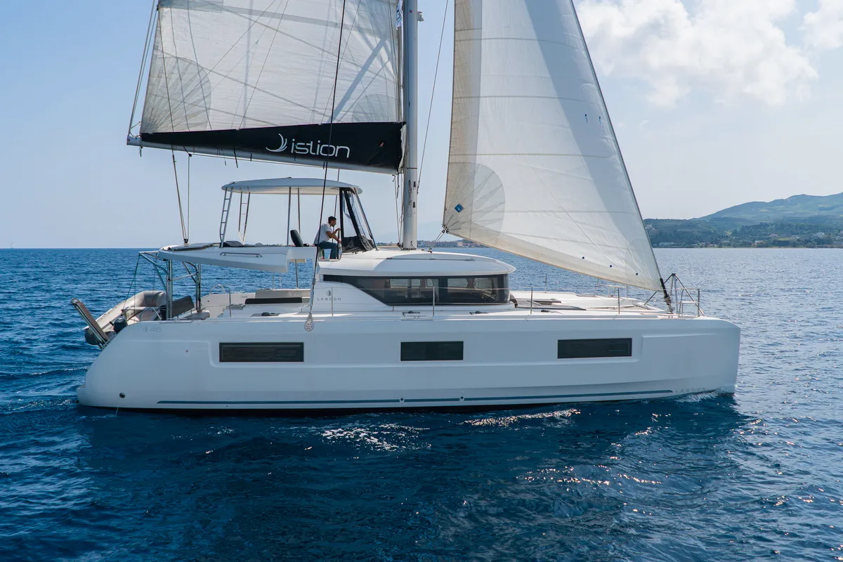Exterior view of Pegasus, a Lagoon 46 catamaran at Kos, Greece