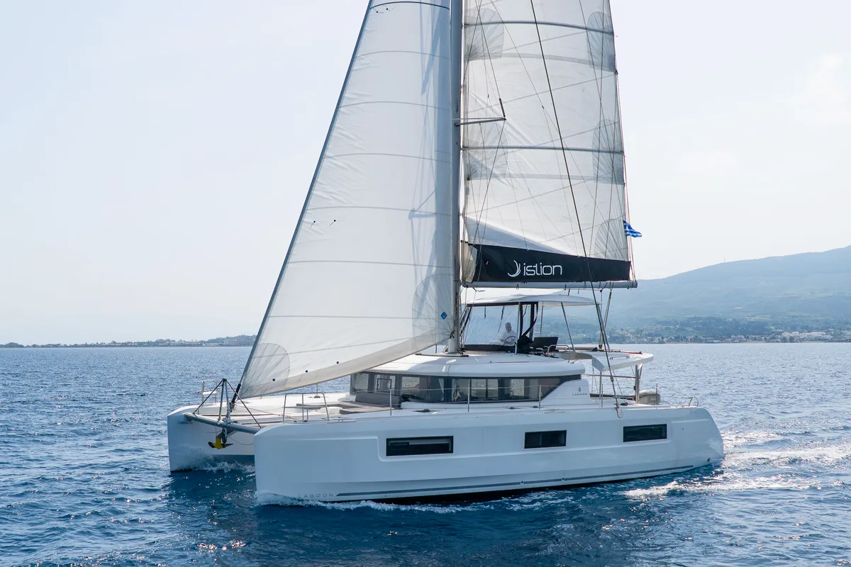 Exterior view of Pegasus, a Lagoon 46 catamaran at Kos, Greece