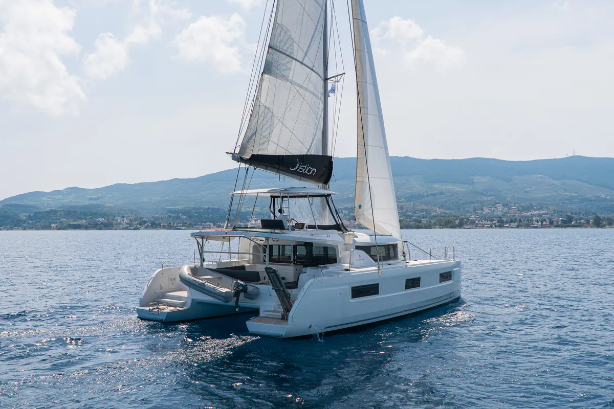 Exterior view of Pegasus, a Lagoon 46 catamaran at Kos, Greece