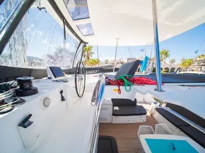 Cockpit of Pegasus, a Lagoon 46 catamaran at Kos, Greece