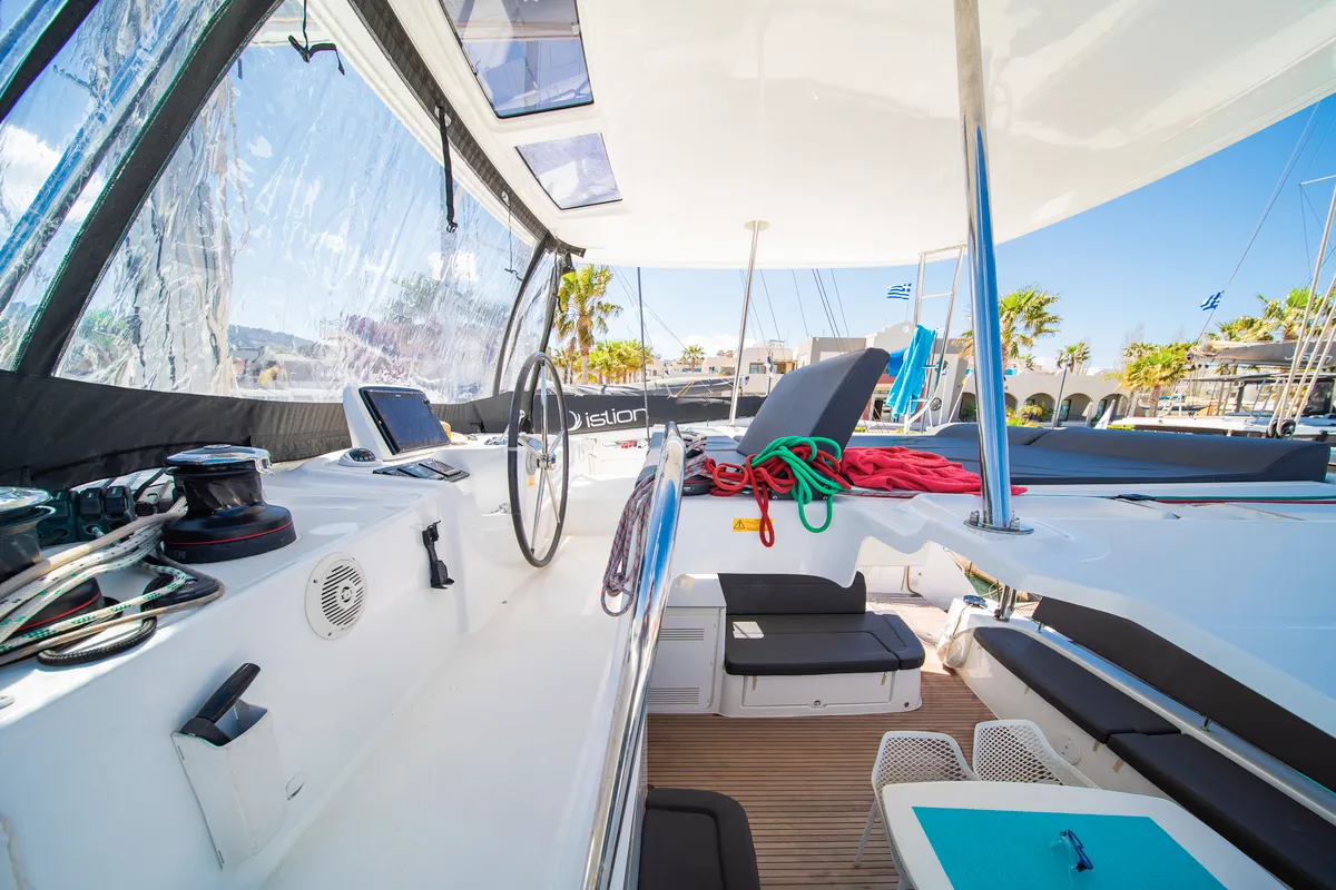 Cockpit of Pegasus, a Lagoon 46 catamaran at Kos, Greece