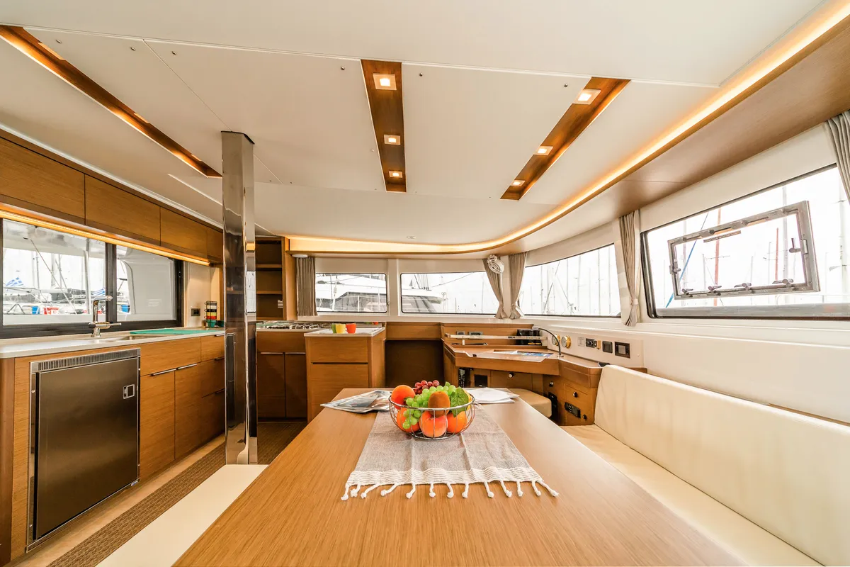 Salon of Pegasus, a Lagoon 46 catamaran at Kos, Greece