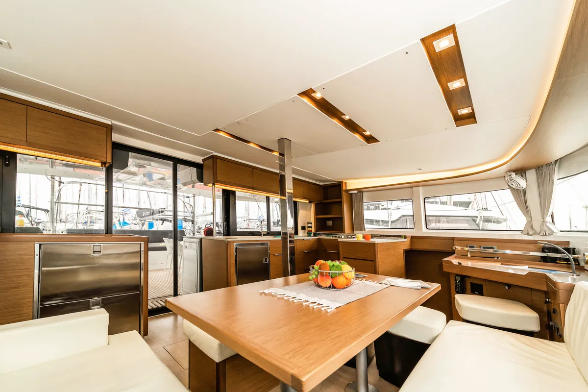 Salon of Pegasus, a Lagoon 46 catamaran at Kos, Greece
