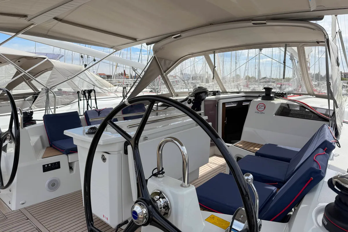 Cockpit of Hera, a Beneteau Oceanis 40.1 sailboat at Grad Biograd na Moru, Croatia