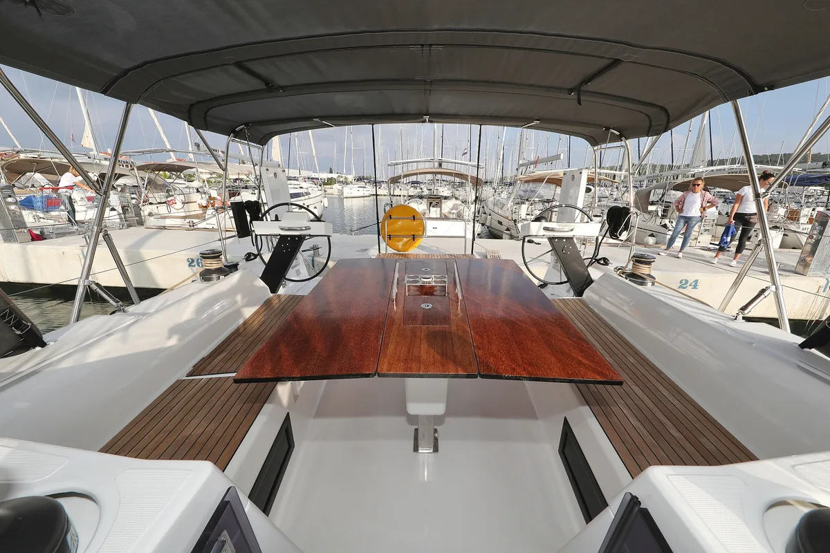 Deck of Odyssey, a Dufour 470 sailboat at Općina Sukošan, Croatia