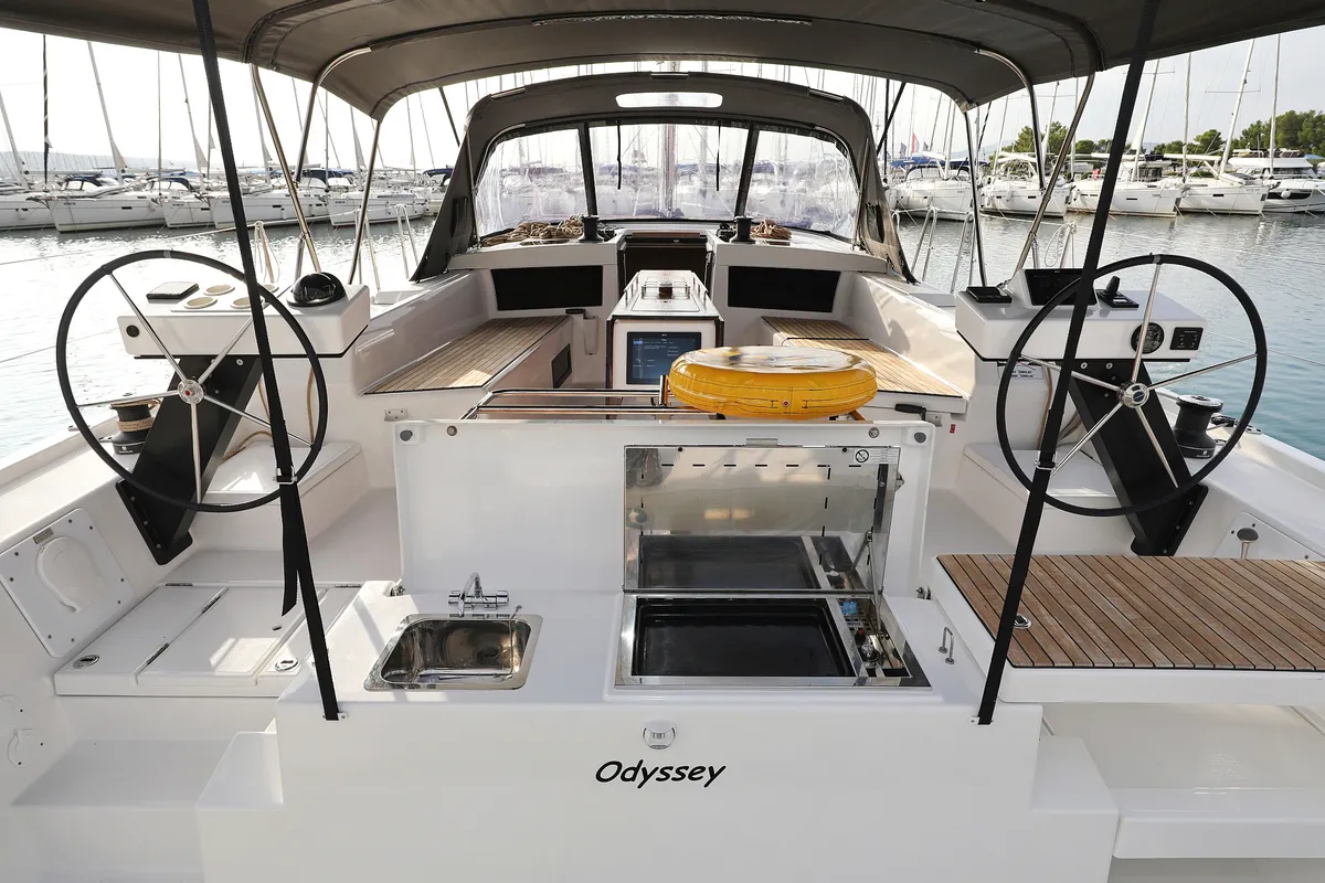 Deck of Odyssey, a Dufour 470 sailboat at Općina Sukošan, Croatia