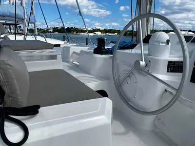 Cockpit of Knot A Fantasea, a Bali Catspace catamaran at Central Abaco, Bahamas