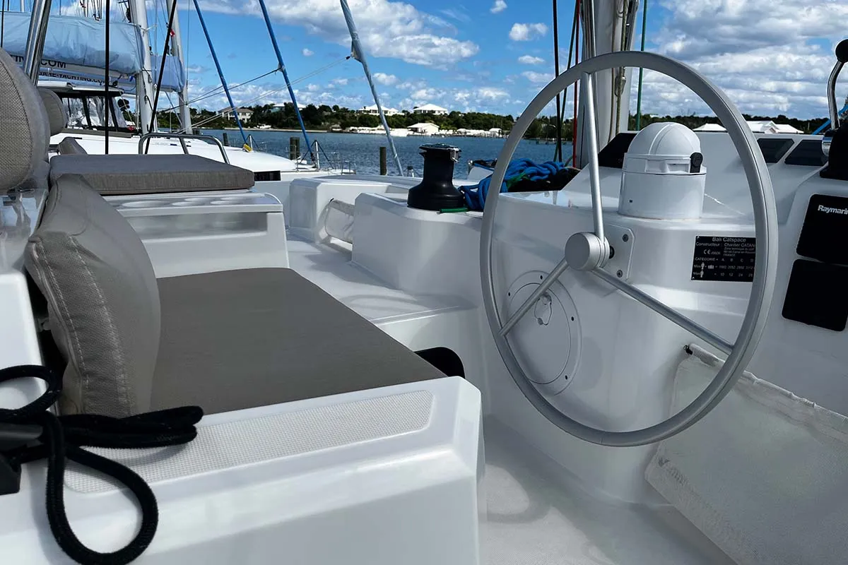 Cockpit of Knot A Fantasea, a Bali Catspace catamaran at Central Abaco, Bahamas