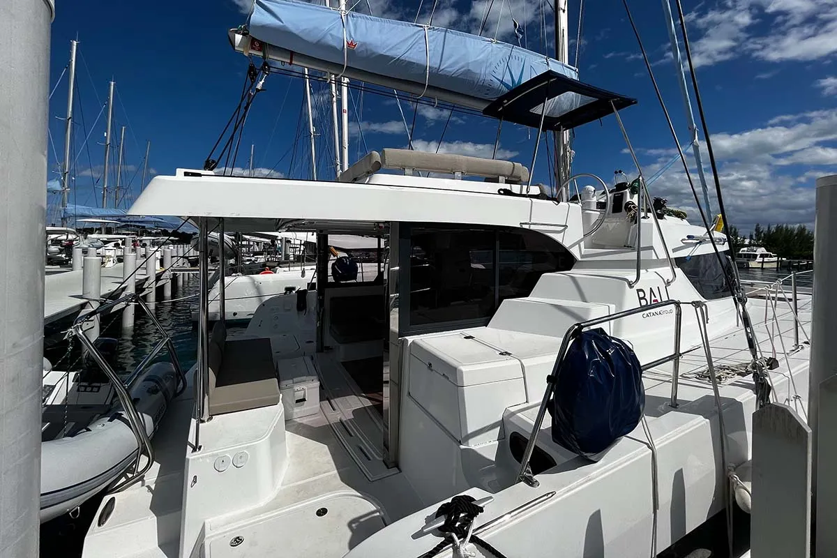 Exterior view of Knot A Fantasea, a Bali Catspace catamaran at Central Abaco, Bahamas