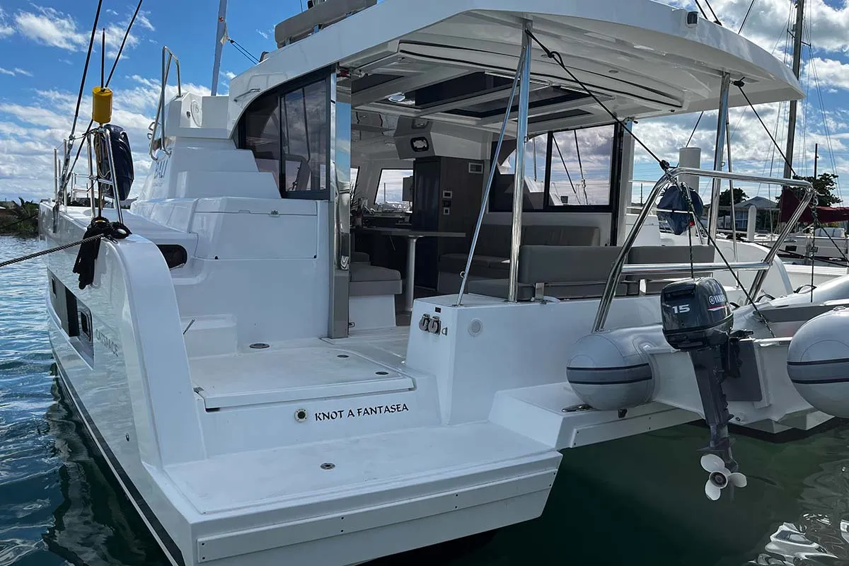 Exterior view of Knot A Fantasea, a Bali Catspace catamaran at Central Abaco, Bahamas