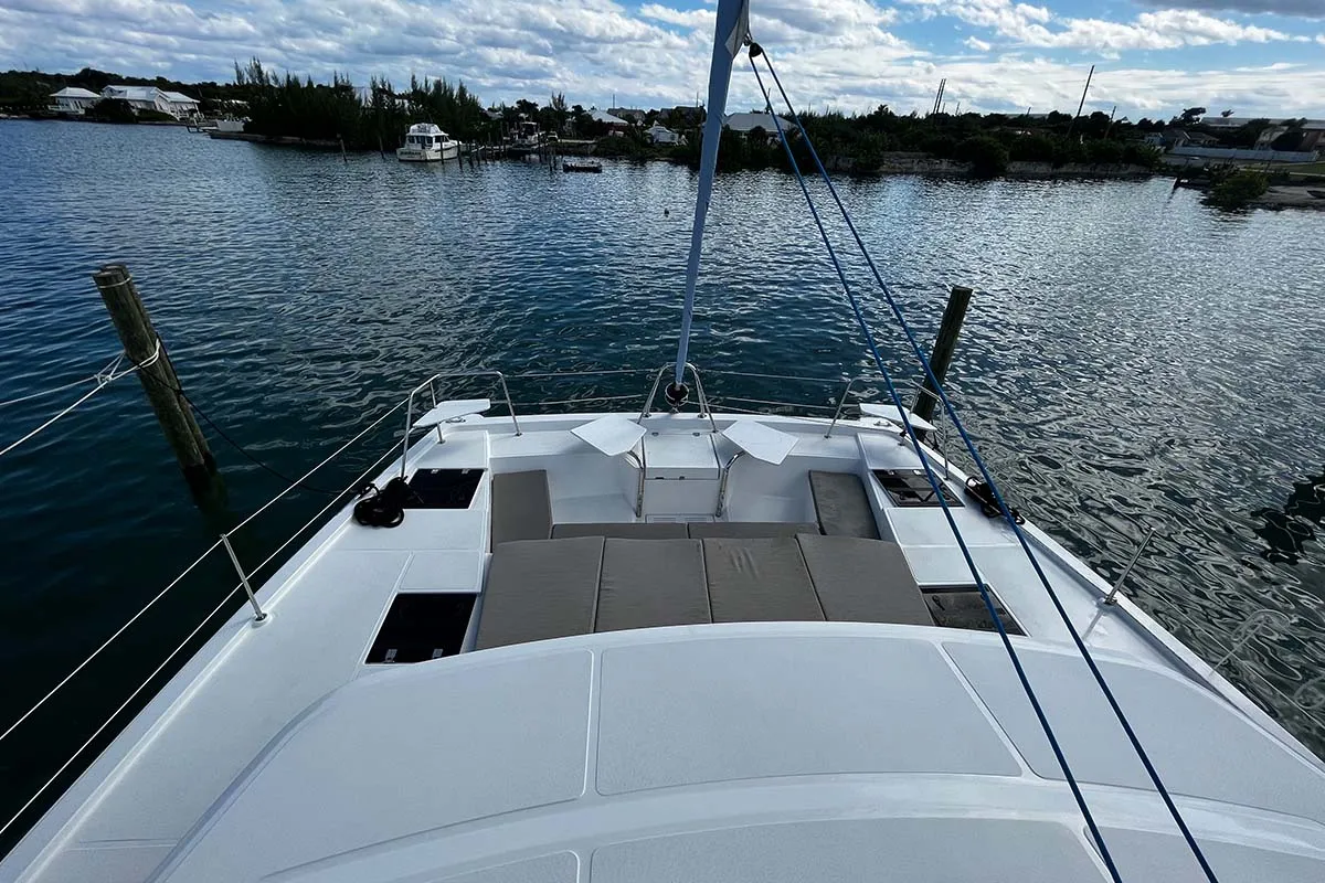 Deck of Knot A Fantasea, a Bali Catspace catamaran at Central Abaco, Bahamas