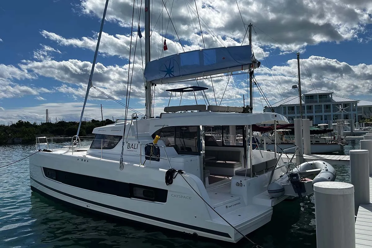 Exterior view of Knot A Fantasea, a Bali Catspace catamaran at Central Abaco, Bahamas