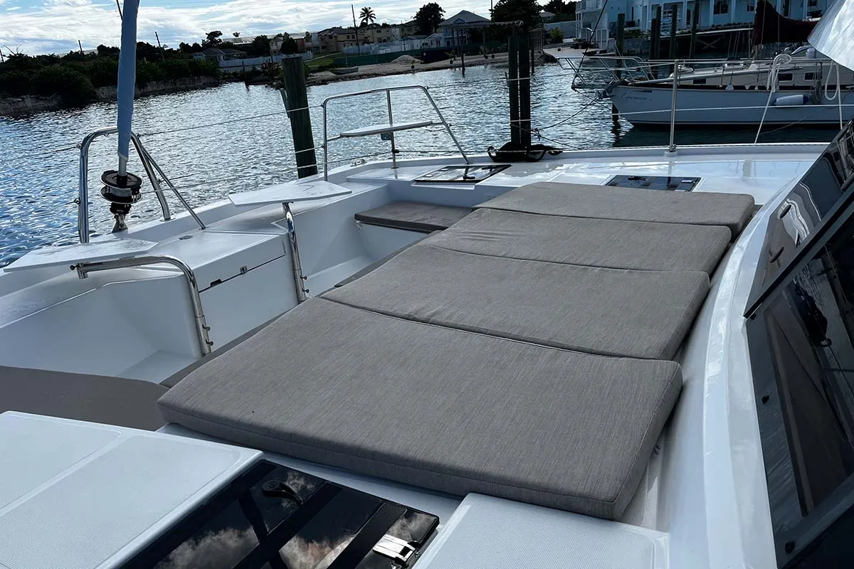 Deck of Knot A Fantasea, a Bali Catspace catamaran at Central Abaco, Bahamas