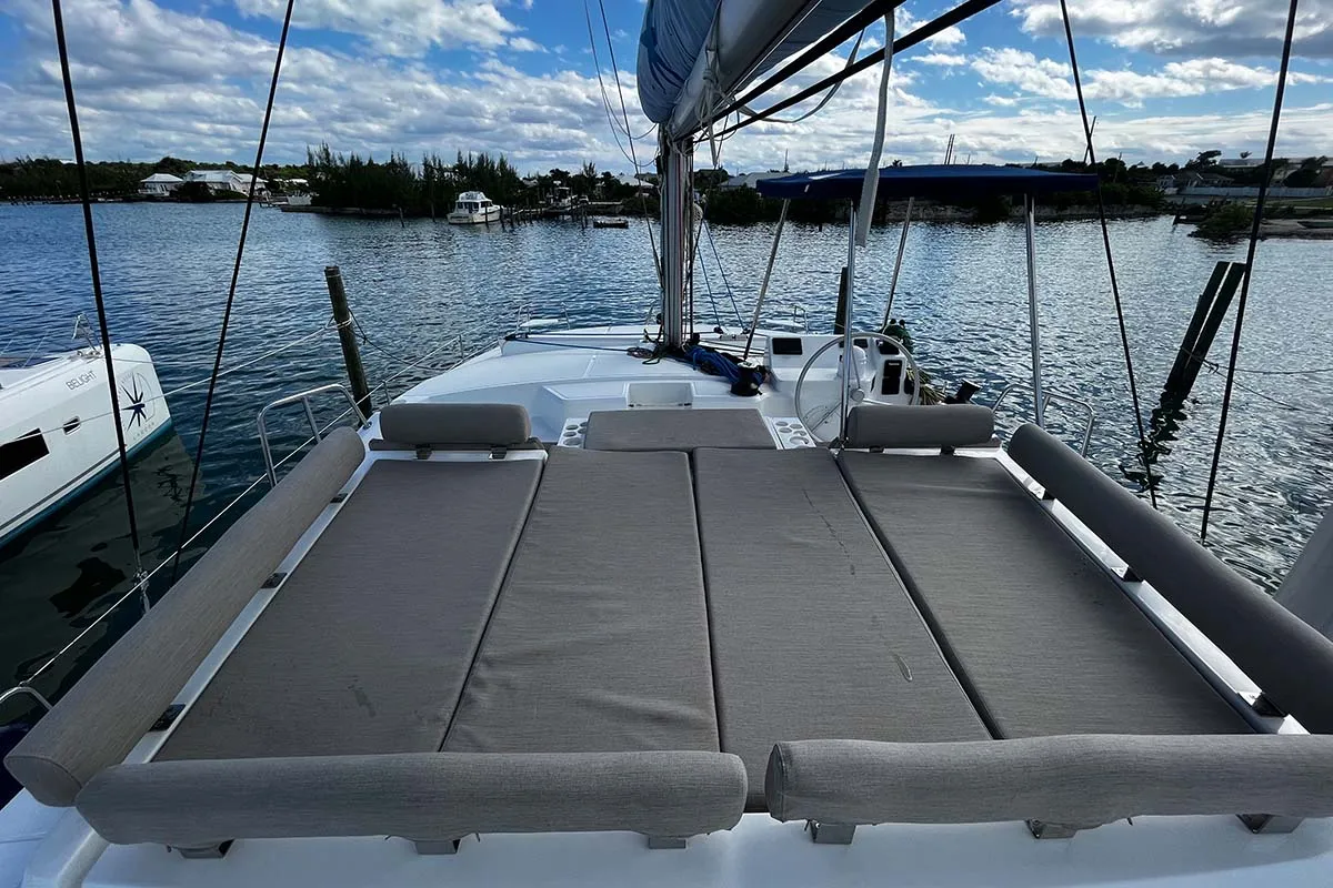 Deck of Knot A Fantasea, a Bali Catspace catamaran at Central Abaco, Bahamas