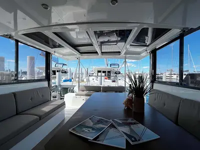 Salon of Knot A Fantasea, a Bali Catspace catamaran at Central Abaco, Bahamas