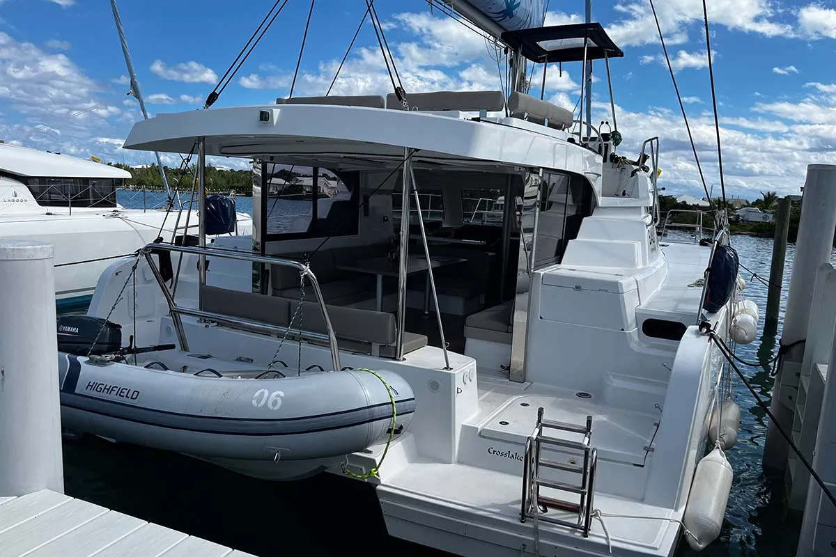 Exterior view of Knot A Fantasea, a Bali Catspace catamaran at Central Abaco, Bahamas