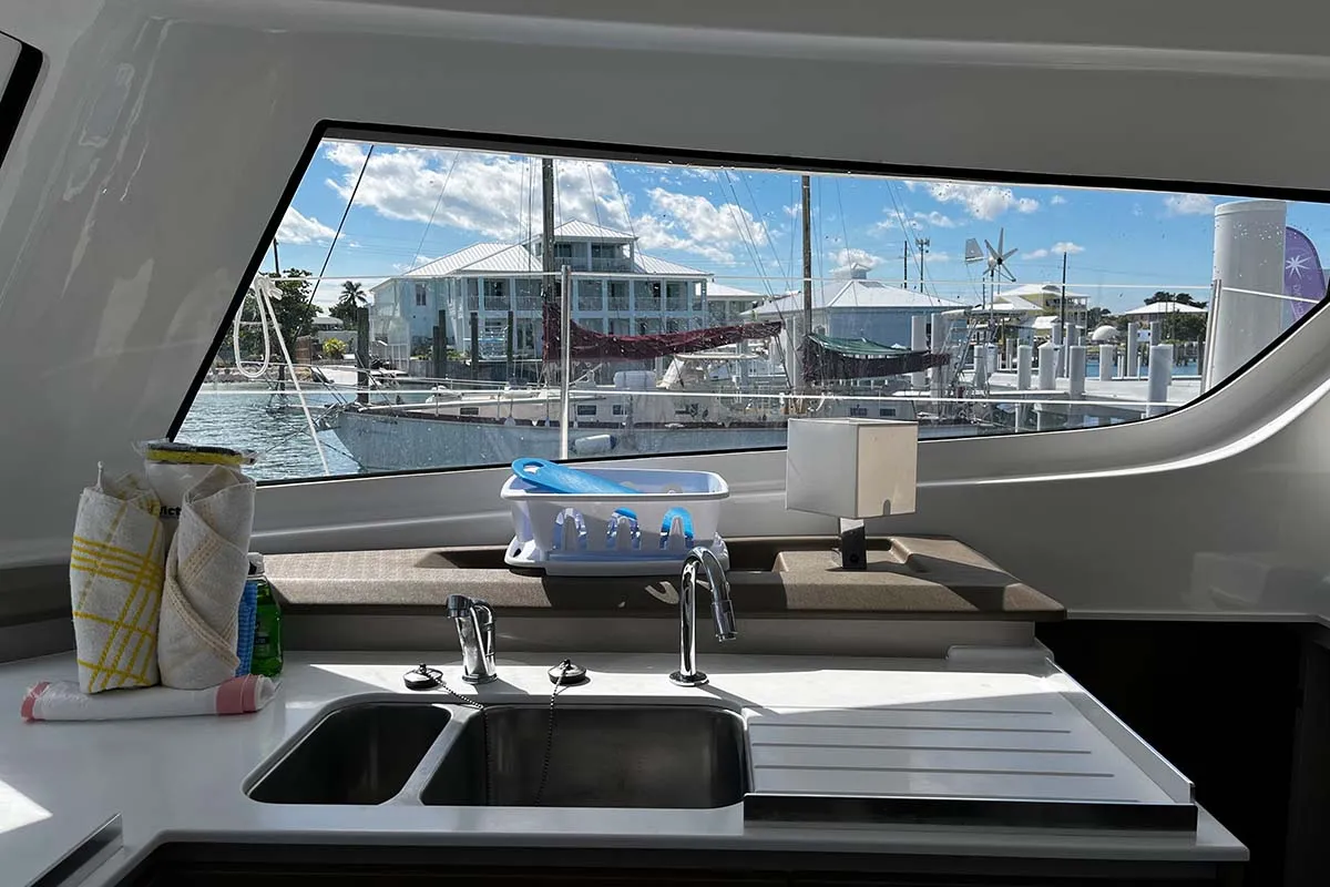 Galley of Knot A Fantasea, a Bali Catspace catamaran at Central Abaco, Bahamas