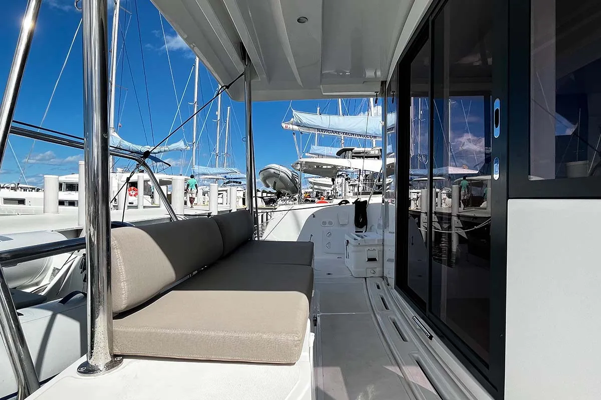 Deck of Knot A Fantasea, a Bali Catspace catamaran at Central Abaco, Bahamas