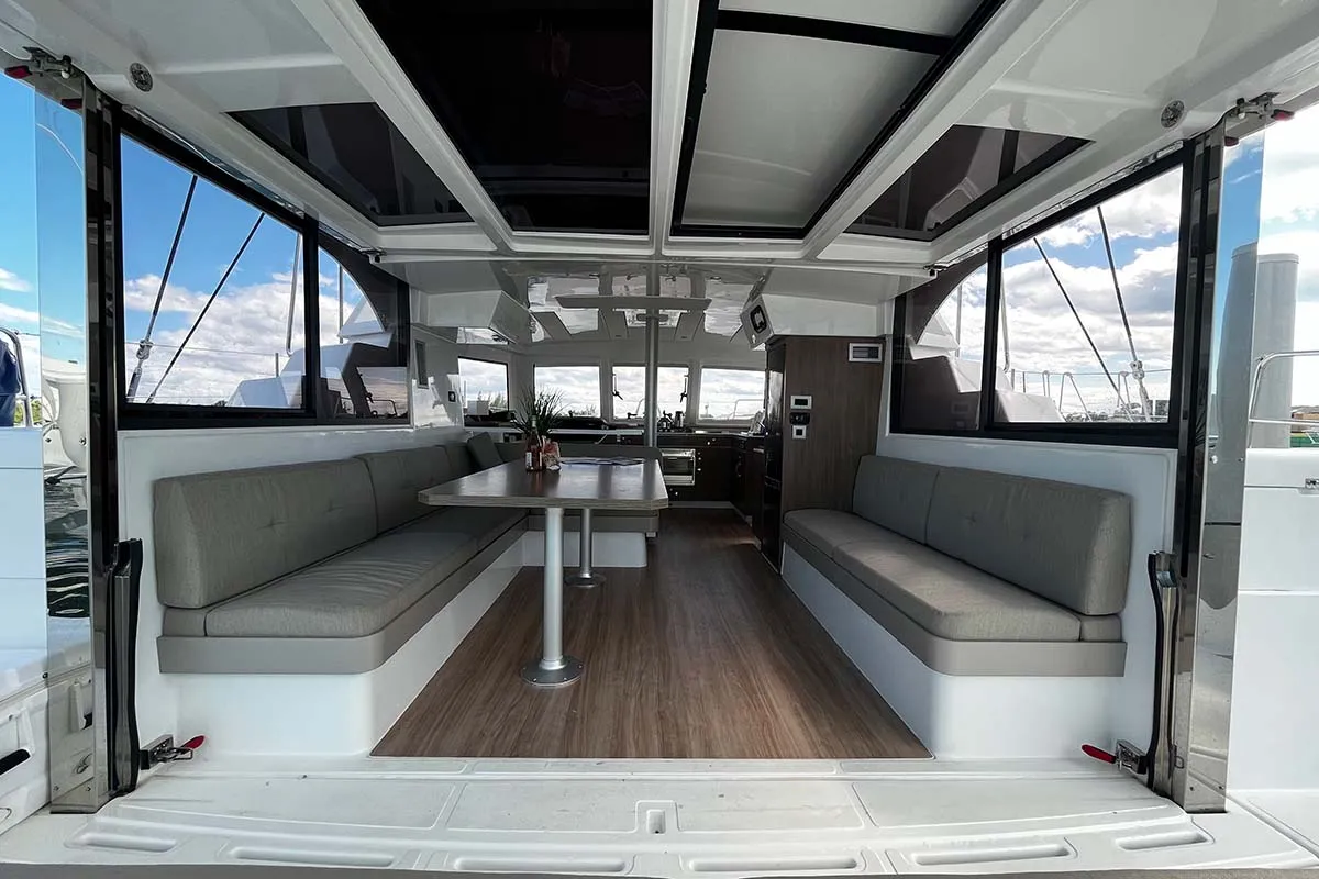 Salon of Knot A Fantasea, a Bali Catspace catamaran at Central Abaco, Bahamas