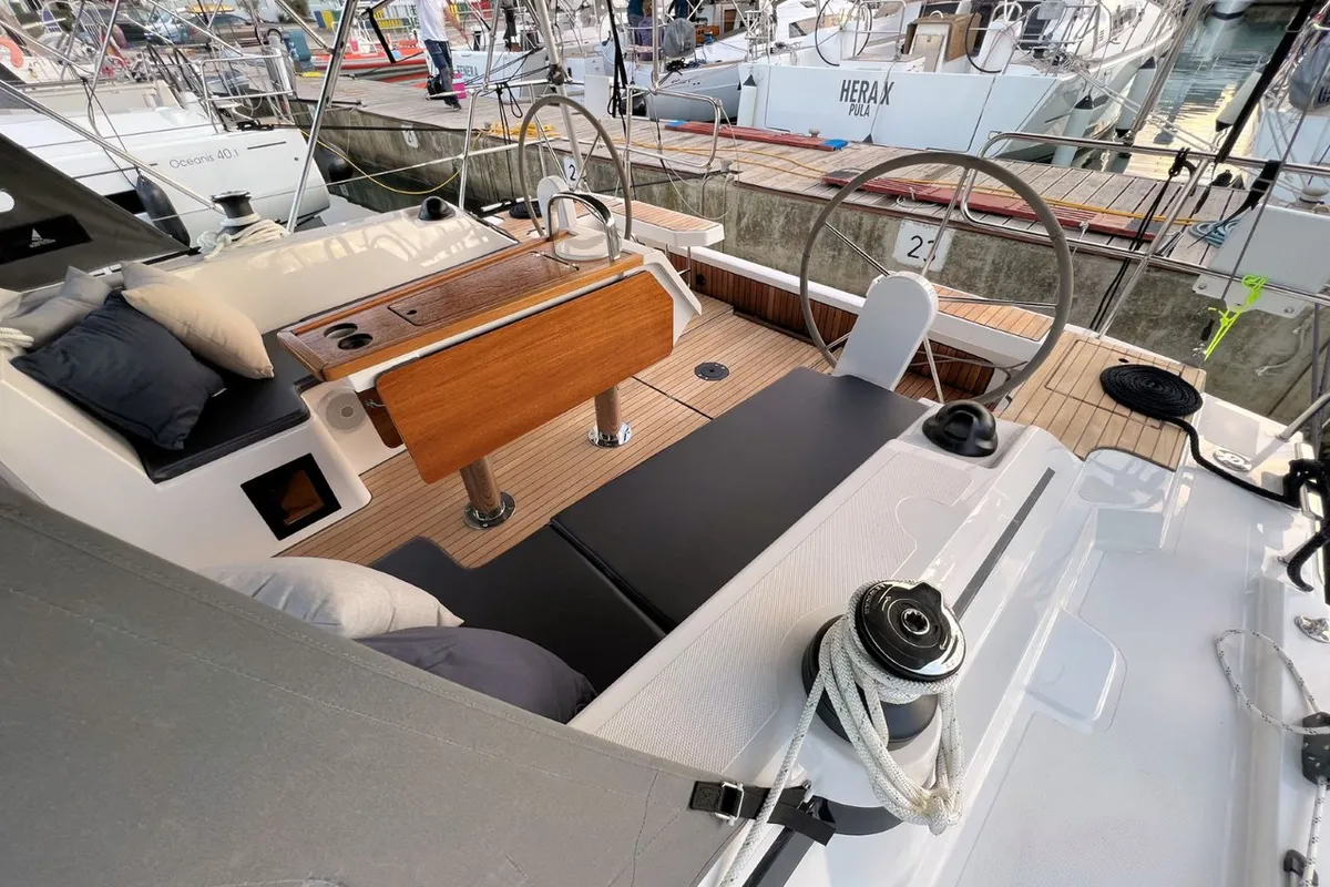 Cockpit of Mala Hana, a Bavaria C38 sailboat at Grad Pula, Croatia