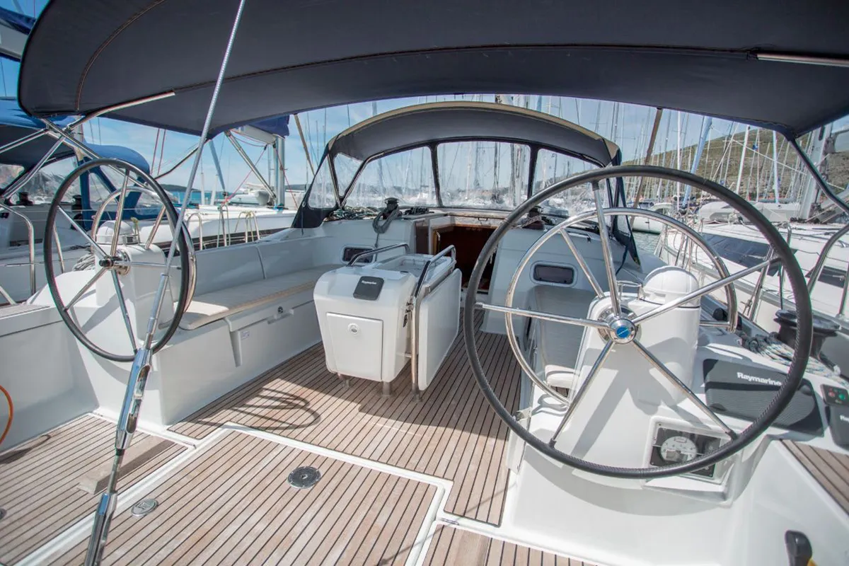 Cockpit of Saphira, a Jeanneau Sun Odyssey 509 sailboat at Gåshaga, Sweden