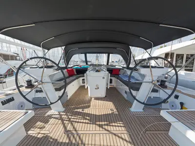 Cockpit of Cuba Libre, a Beneteau Oceanis 51.1 sailboat at Municipal Unit of Rhodes, Greece