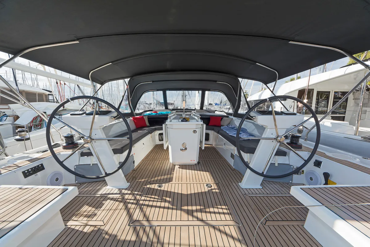 Cockpit of Cuba Libre, a Beneteau Oceanis 51.1 sailboat at Municipal Unit of Rhodes, Greece