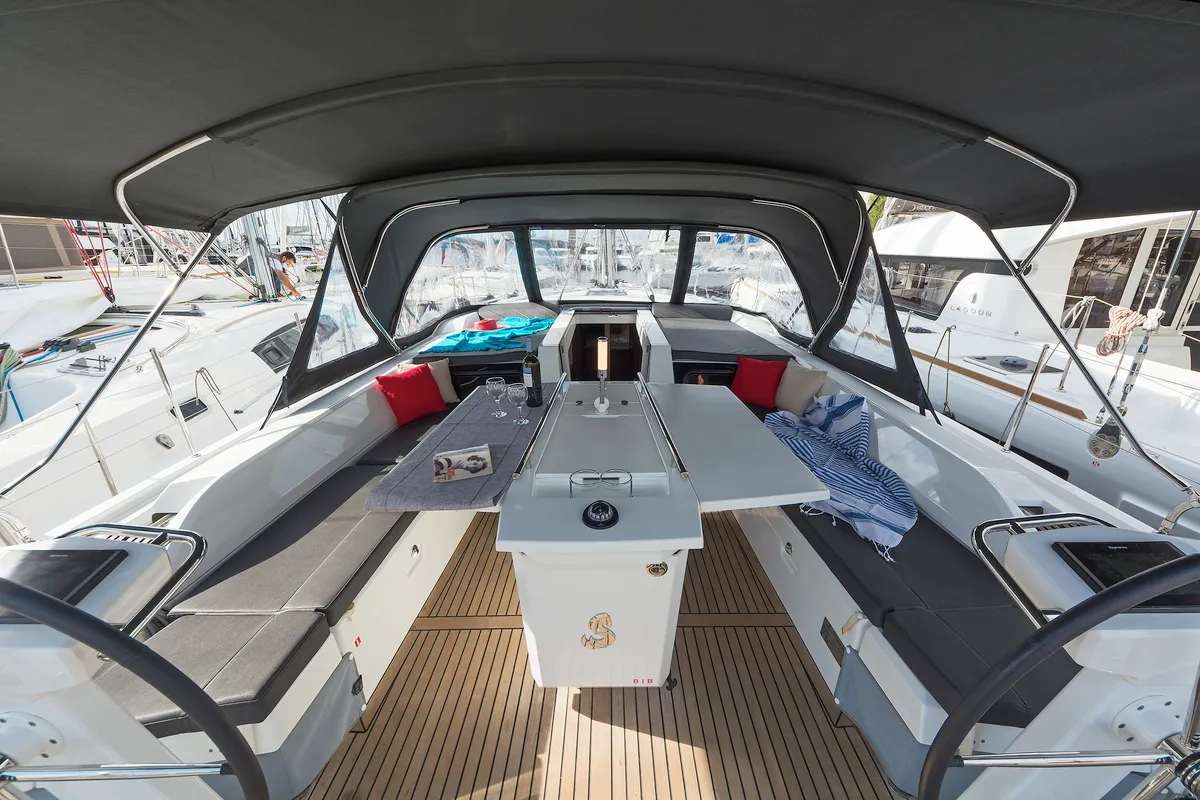 Cockpit of Cuba Libre, a Beneteau Oceanis 51.1 sailboat at Municipal Unit of Rhodes, Greece