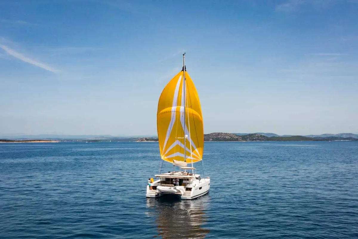 Exterior view of Flonja, a Fountaine Pajot Astrea 42 catamaran at Grad Biograd na Moru, Croatia