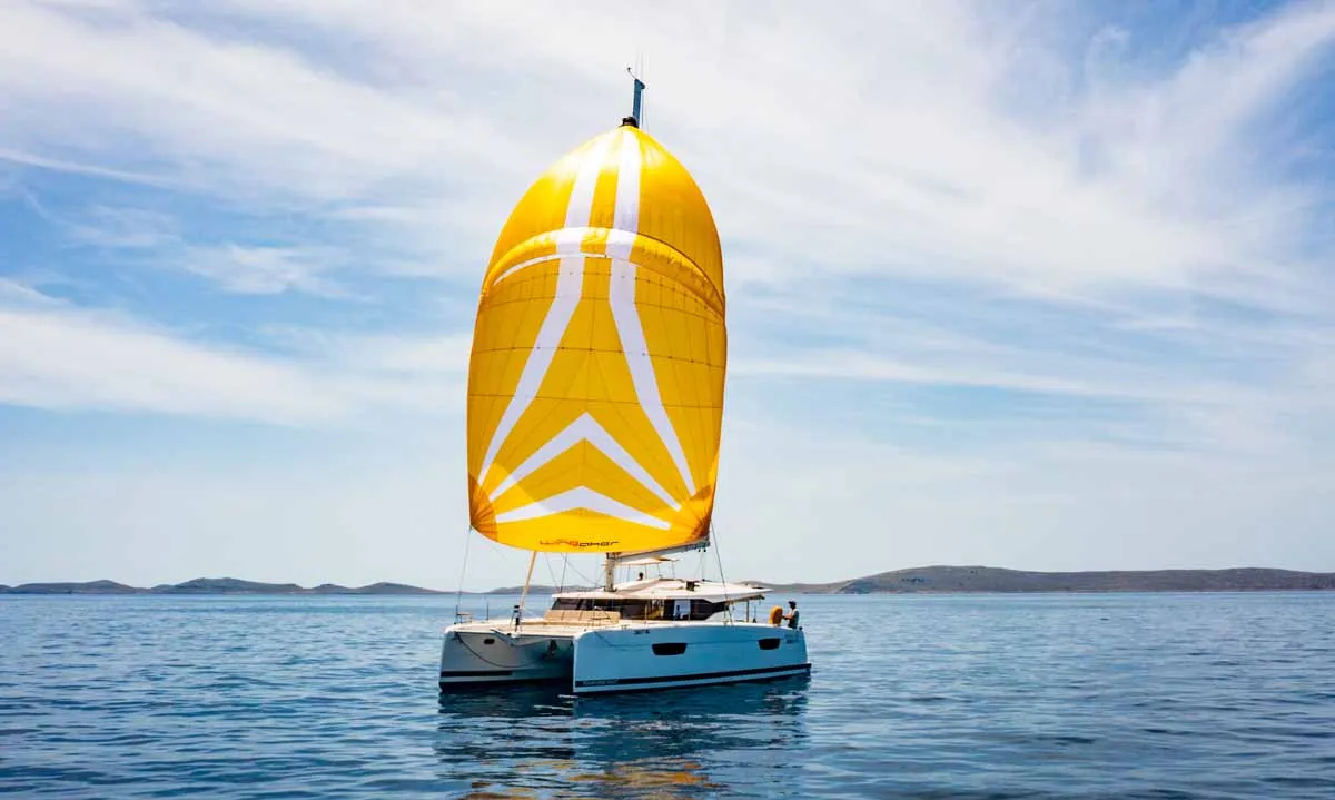 Exterior view of Flonja, a Fountaine Pajot Astrea 42 catamaran at Grad Biograd na Moru, Croatia