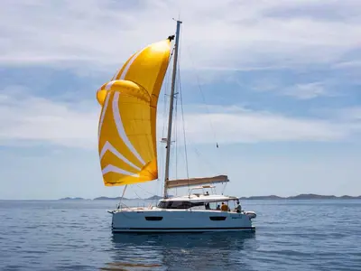 Exterior view of Flonja, a Fountaine Pajot Astrea 42 catamaran at Grad Biograd na Moru, Croatia