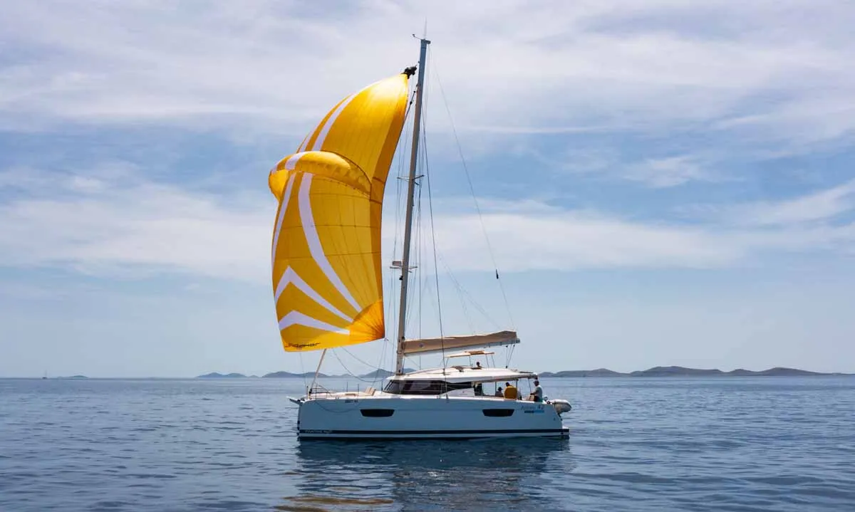 Exterior view of Flonja, a Fountaine Pajot Astrea 42 catamaran at Grad Biograd na Moru, Croatia