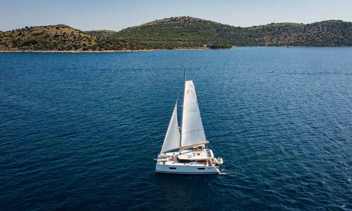 Exterior view of Flonja, a Fountaine Pajot Astrea 42 catamaran at Grad Biograd na Moru, Croatia