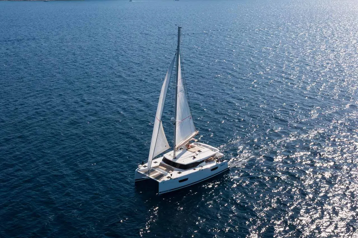 Exterior view of Flonja, a Fountaine Pajot Astrea 42 catamaran at Grad Biograd na Moru, Croatia