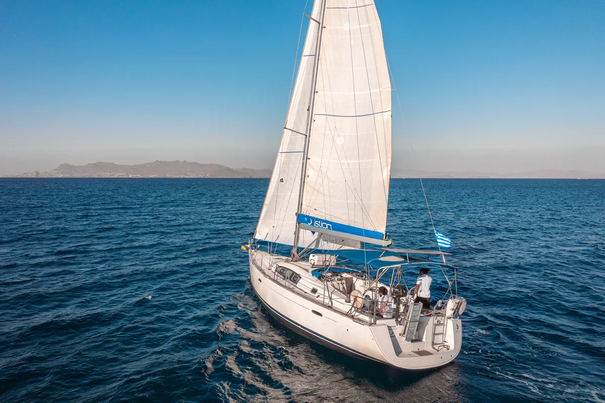 Exterior view of Belamour, a Beneteau Oceanis 43 sailboat at Kos, Greece