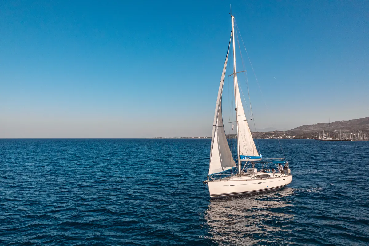 Exterior view of Belamour, a Beneteau Oceanis 43 sailboat at Kos, Greece