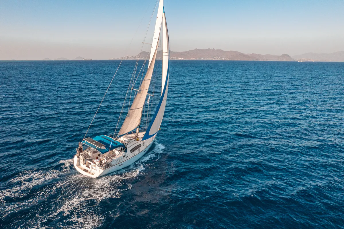 Exterior view of Belamour, a Beneteau Oceanis 43 sailboat at Kos, Greece
